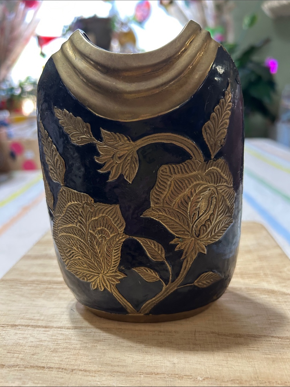 Vintage Etched Solid Brass and Black Enamel Overlay Gold Floral Vase 1960’-1980